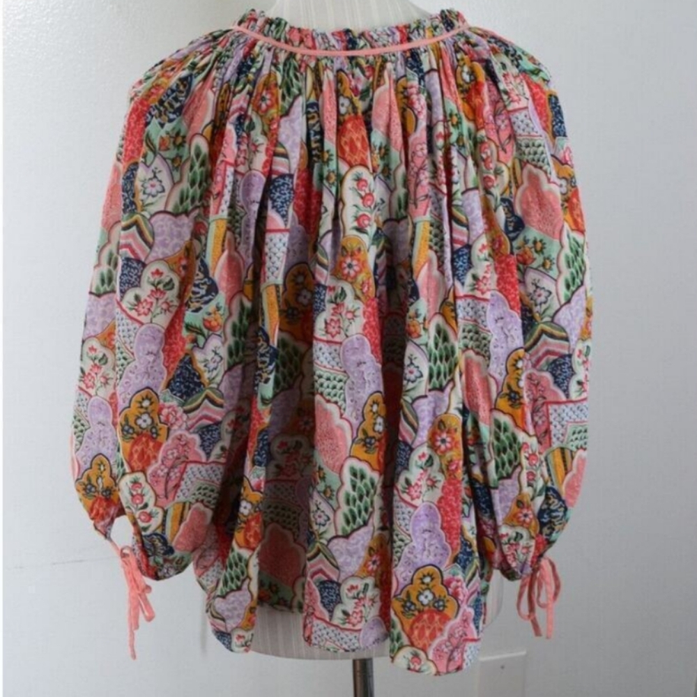 RHODE Resort Abstract Patterned Multi Color Tie Collar Bohemian Patchwork Top - Picture 4 of 9